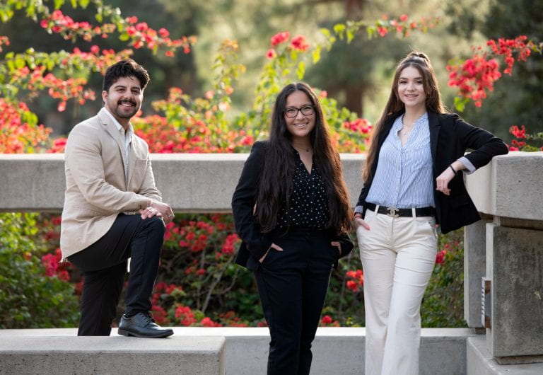 Daniel Ascencio, a UCI alumni and program graduate, pictured here with current SAGE Scholars students Caroline Yan (center) and Alicia Felix.